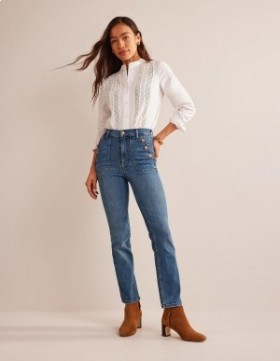Blue Women's Boden Button Detail Straight Jeans