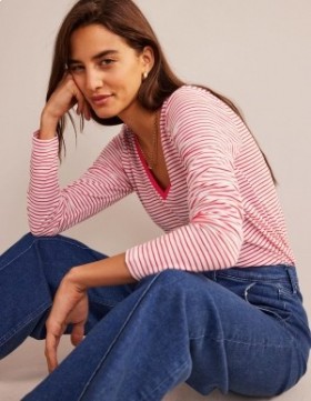 White / Red Women's Boden Cotton V-Neck Long Sleeve Tops