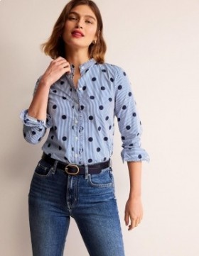 Navy / Stripes Women's Boden Ruffled Cotton-Poplin Shirts