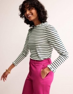 White / Navy Stripes Women's Boden Supersoft Frill Detail Tops
