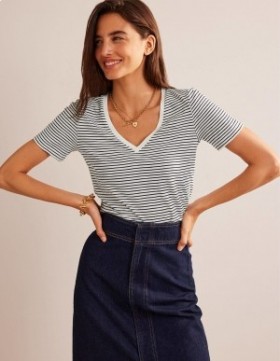 White / Navy Women's Boden Regular V-neck Slub T shirts