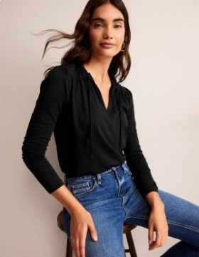Black Women's Boden Ruffle V Neck Tops