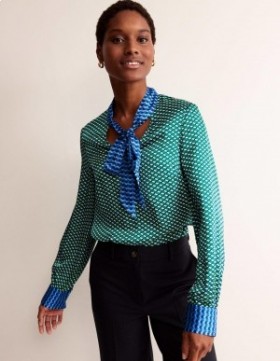 Light Green Women's Boden Pussy-Bow Satin Blouse Tops