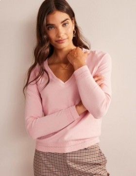 Pink Women's Boden Catriona Cotton V-Neck Sweater