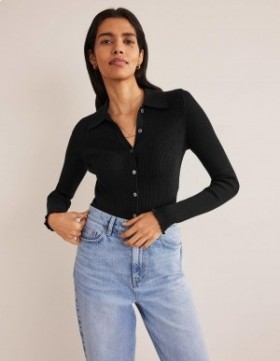 Black Women's Boden Ribbed Fitted Cardigan