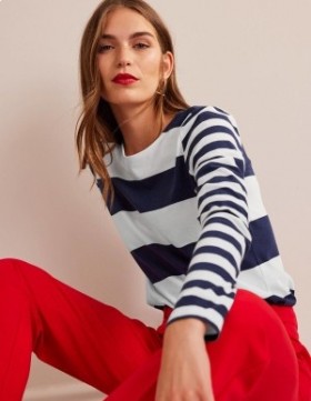 Navy White Women's Boden Bea Long Sleeve Breton Tops