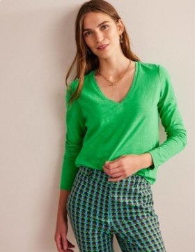 Light Green Women's Boden Cotton V-Neck Long Sleeve Tops