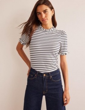 White / Navy Women's Boden Supersoft Frill Detail T shirts