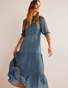 Blue Women's Boden Tie-Neck Tiered Maxi Dress