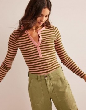 Pink / Olive Green Women's Boden Anna Rib Henley T shirts