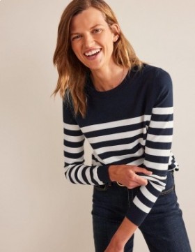 Navy White Stripes Women's Boden Catriona Cotton Crew Sweater