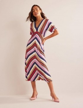 Multicolor Stripes Women's Boden V-Neck Satin Midi Dress