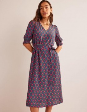 Navy Women's Boden Smocked Cuff Midi Dress
