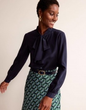 Navy Women's Boden Bow-Neck Button-Down Blouse Tops
