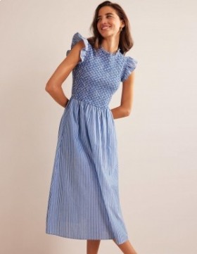 Blue / Stripes Women's Boden Smocked Stripe Midi Dress