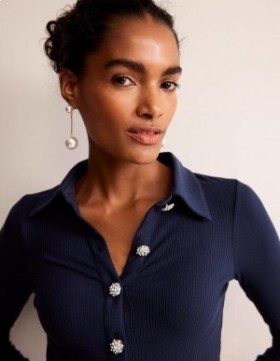 Navy Women's Boden Jewelled-Button Ribbed Shirts