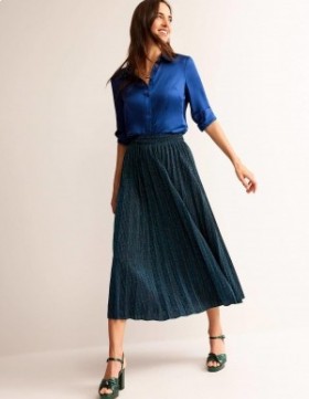 Green / Navy Stripes Women's Boden Jersey Metallic Pleated Skirts