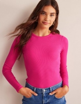 Pink Women's Boden Cotton Ribbed Long Sleeve Tops
