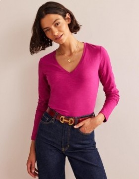 Fuchsia Women's Boden Cotton V-Neck Long Sleeve Tops