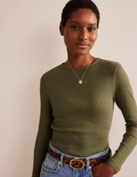 Green Women's Boden Cotton Ribbed Long Sleeve Tops