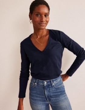 Navy Women's Boden Cotton V-Neck Long Sleeve Tops