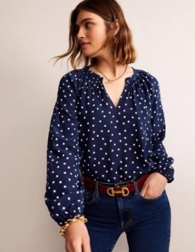 Navy Women's Boden Gathered Neck Silk Blouse Tops