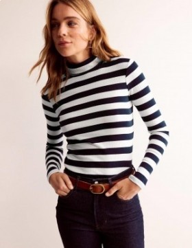 Navy / White Women's Boden Anna Rib Roll Neck Tops