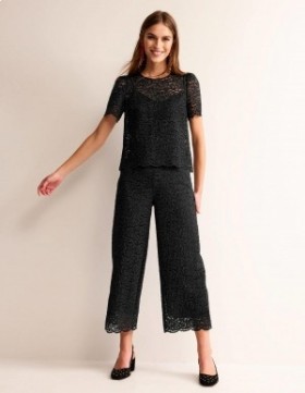 Black Women's Boden Cropped Wide-Leg Lace Pants