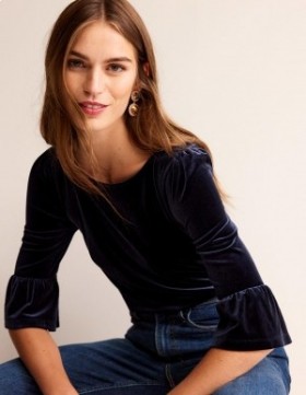 Navy Women's Boden Velvet Ruffle-Cuff Tops