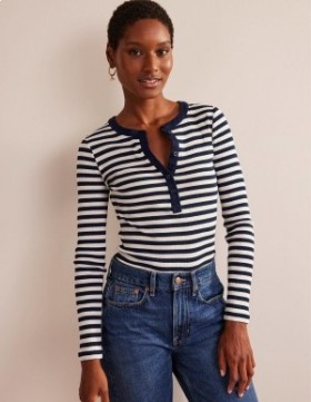 Navy / White Women's Boden Anna Rib Henley T shirts