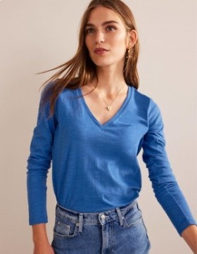 Blue Women's Boden Cotton V-Neck Long Sleeve Tops