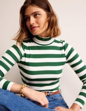 Green / White Women's Boden Anna Rib Roll Neck Tops
