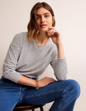 White / Navy Women's Boden Cotton Dropped Shoulder Tops